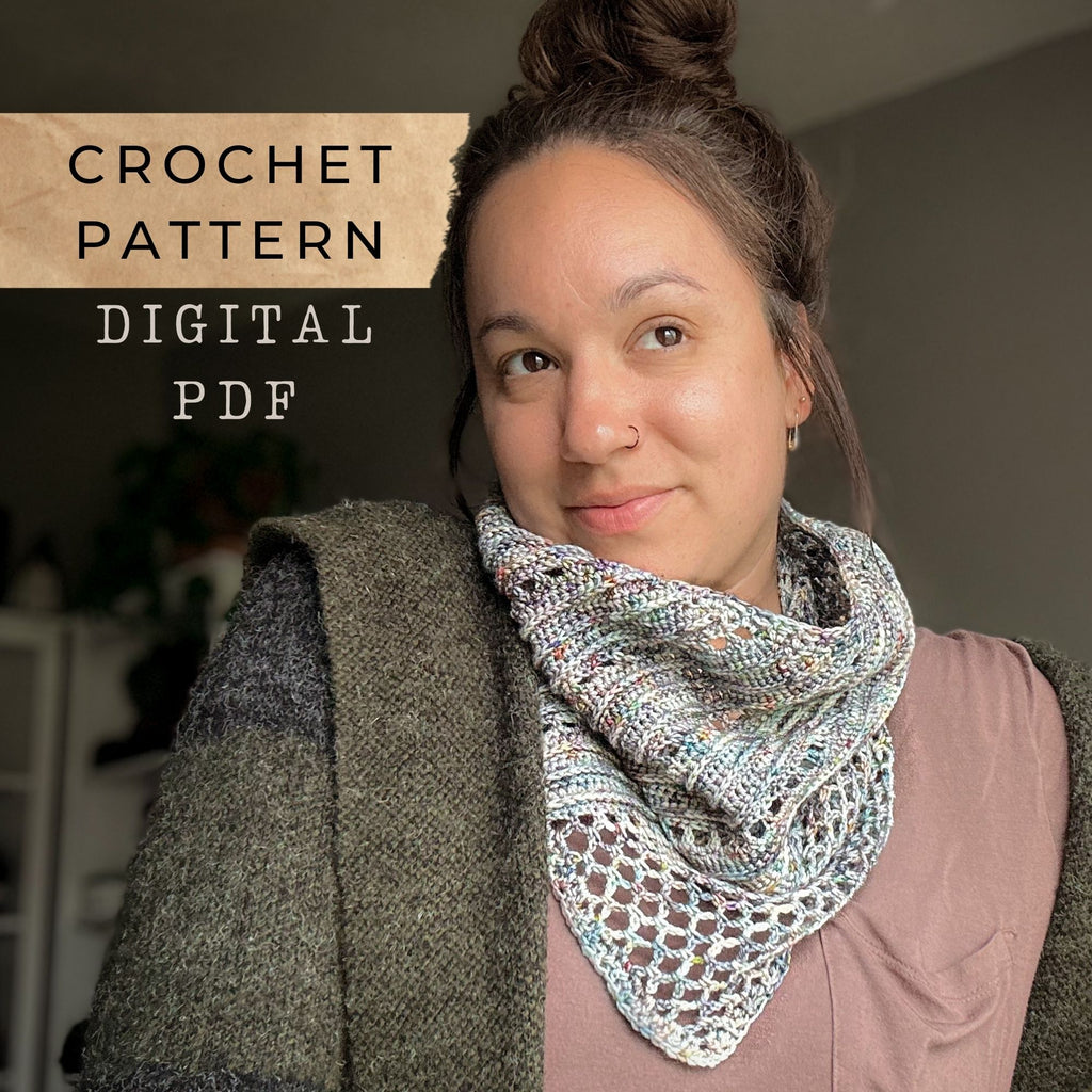 Woman wearing a crocheted triangular scarf with text overlay about a crochet pattern digital PDF.