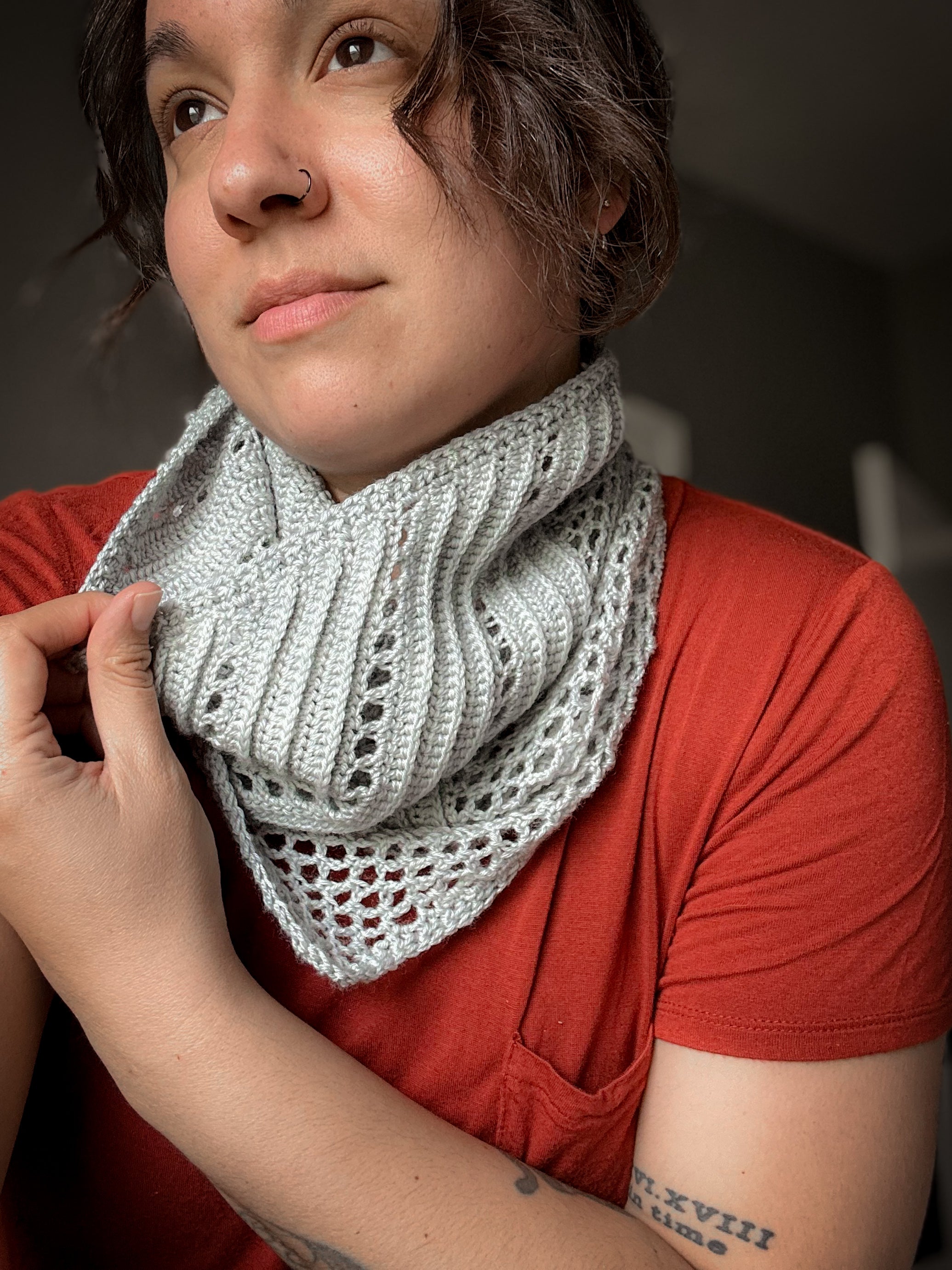 Person wearing a textured gray scarf over a red shirt against a blurred background