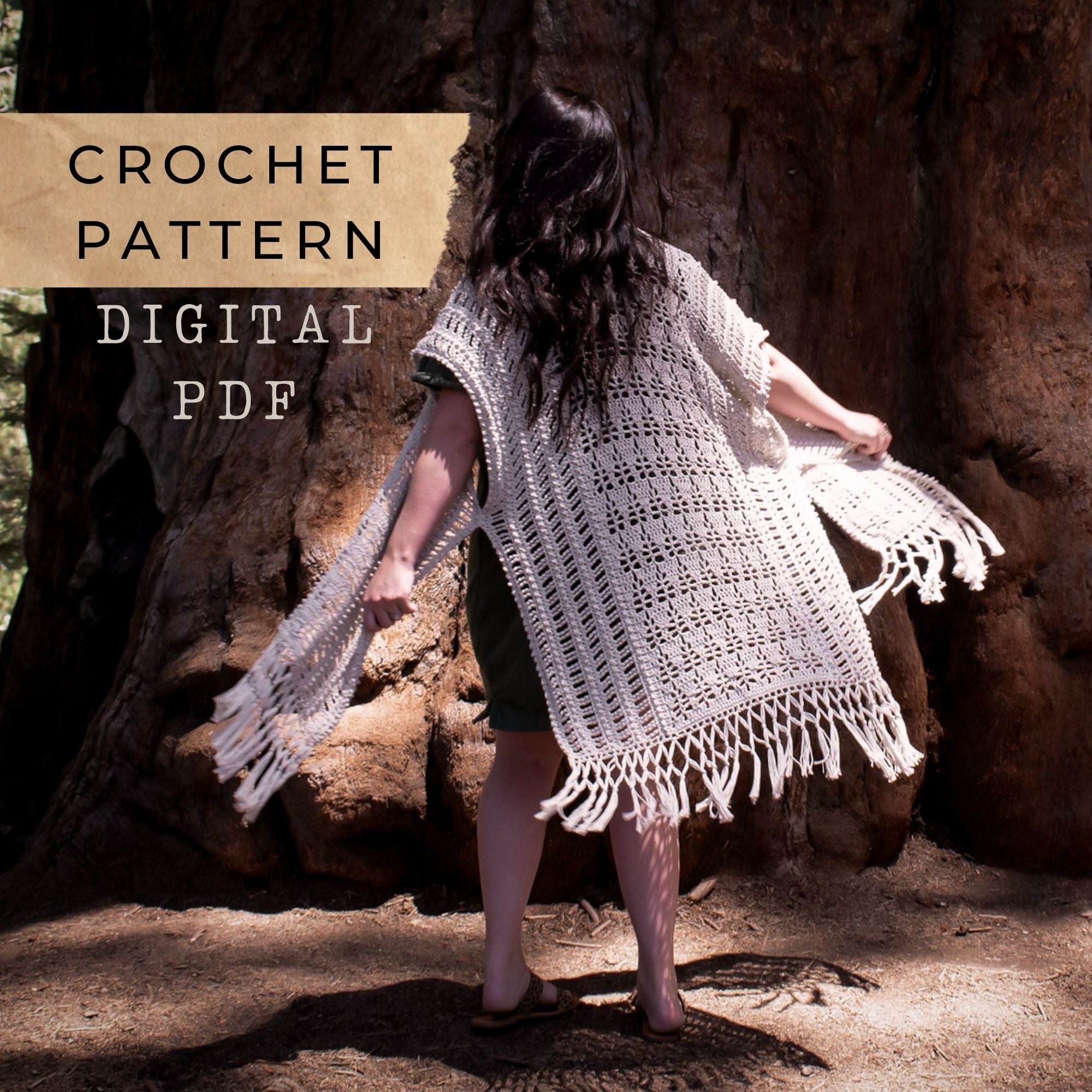Person wearing a crocheted poncho standing against a tree background with text about a crochet pattern digital PDF.